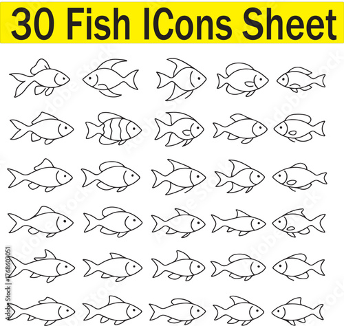 30 Different Shape Fish Icons Sheet