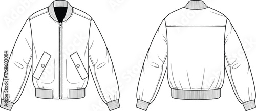 Bomber jacket technical fashion flat sketch front and back view, unisex outerwear template apparel design vector illustration