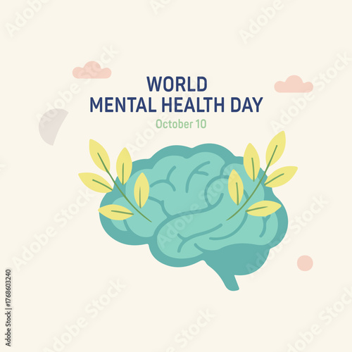 World Mental Health Day, 10 October. featuring a stylized brain with leaves.