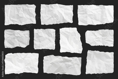 Set of torn white crumpled paper scrap piece isolated on black background for design, collage, scrapbooking