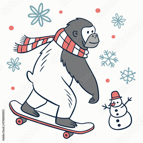 Whimsical Gorilla feeling Funny in a Winter setting with riding a skateboard – colored in Winter Wonderland
