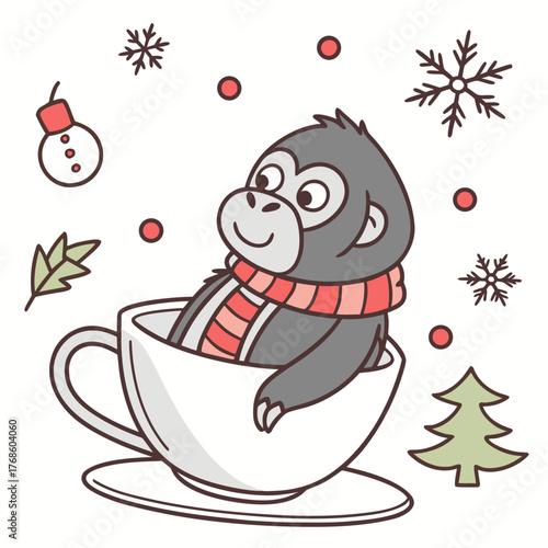 Excited expression on a Gorilla in a Winter theme, with in a teacup – Winter Wonderland vector art