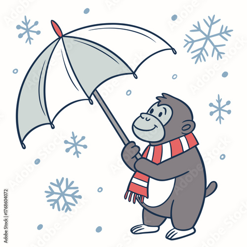 Vector illustration of a Funny Gorilla with under an umbrella, styled in a Winter theme using Winter Wonderland colors