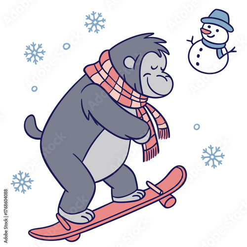 Vector illustration of a Bashful Gorilla with riding a skateboard, styled in a Winter theme using Winter Wonderland colors