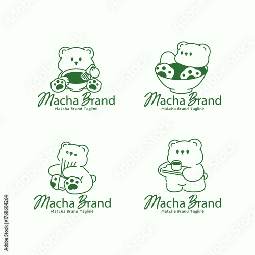 Calming matcha logo set featuring a cute bear character whisking and serving matcha tea. Green monoline illustration for Japanese tea branding and cafe identity.