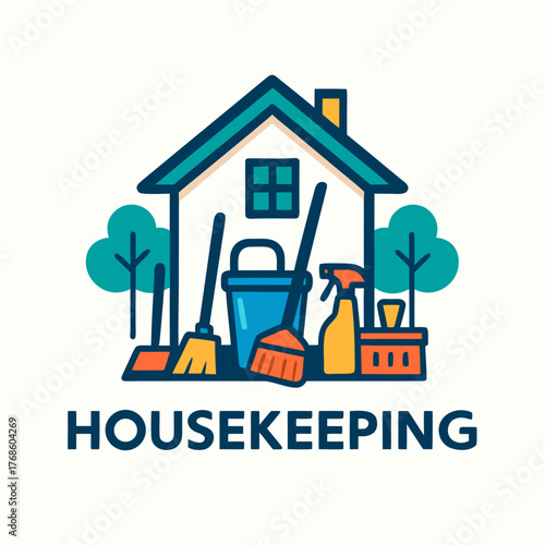Modern housekeeping logo showing bucket mop and spray bottle with clean home symbol for reliable cleaning service