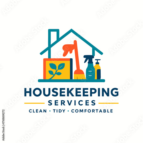 Housekeeping services logo featuring cleaning tools and modern home symbol promoting tidy and comfortable living