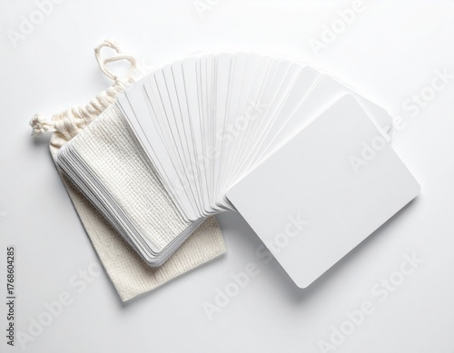 Deck of White Cards Fanned Out Next to Drawstring Bag
