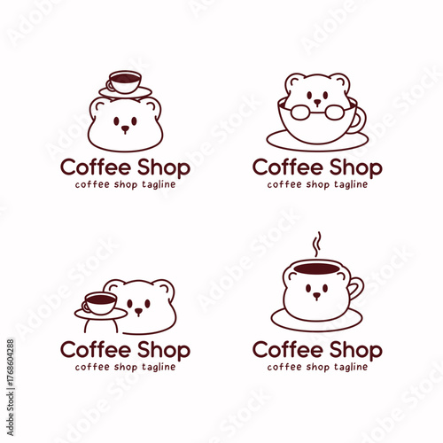 Adorable coffee logo set featuring a cute bear character sitting in cups and holding coffee trays. Brown monoline illustration for modern cafe branding and coffee identity.