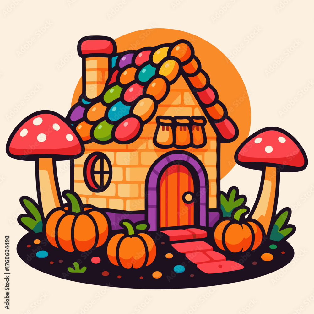 Fototapeta premium Gingerbread Cottage — a cozy candy-covered house surrounded by pumpkins and mushrooms, symbolizing warmth, magic, and holiday charm