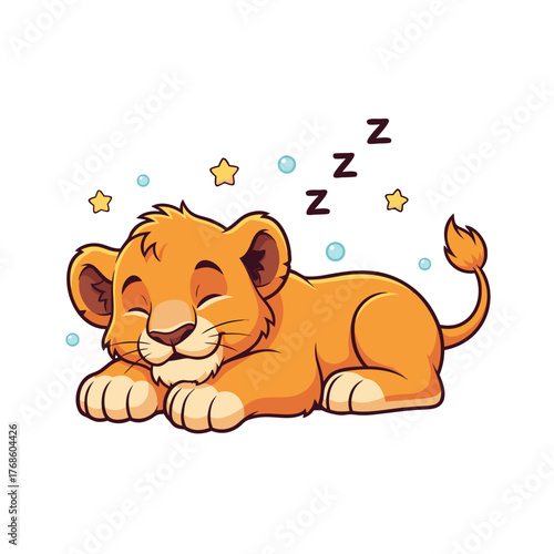Sleeping lion cub lying with stars and moon showing adorable cartoon character and peaceful dreamlike atmosphere