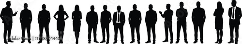 Business professional silhouette row, diverse corporate team standing, flat vector illustratiite formal attire design