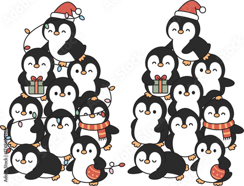 Cute Penguin Christmas Tree isolated on white background.