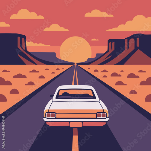Desert Road to Horizon — classic car on an endless highway framed by red cliffs and a golden sunset, symbolizing freedom, solitude, and the beauty of exploration