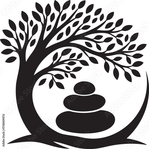 Zen Tree with Stacked Stones isolated on white background.	
