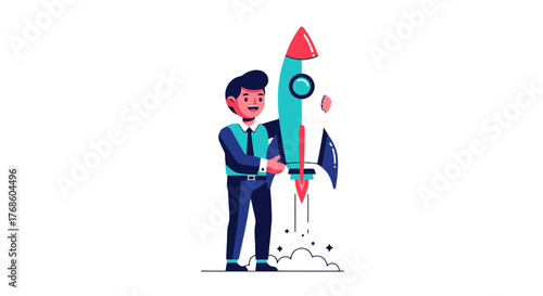 A Businessman Launching a Rocket: Starting a New Project and Successful Ventures
