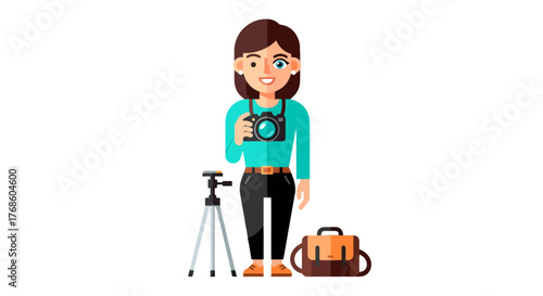 A Cheerful Photographer Ready To Capture Photographs With A Camera And Gear