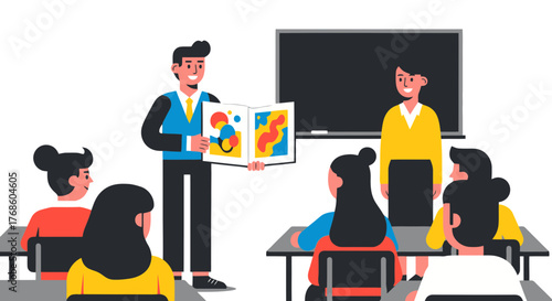 A Teacher Presenting A Colorful Picture Book To Students In A Classroom Setting