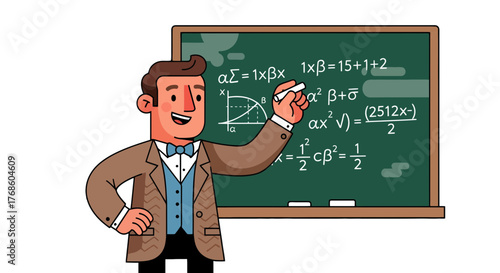 A Cheerful Professor Explaining Mathematical Equations On A Chalkboard With Clarity