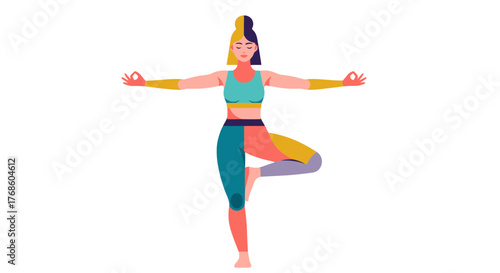A Colorful Illustration Depicting a Woman Executing a Yoga Pose with Balance
