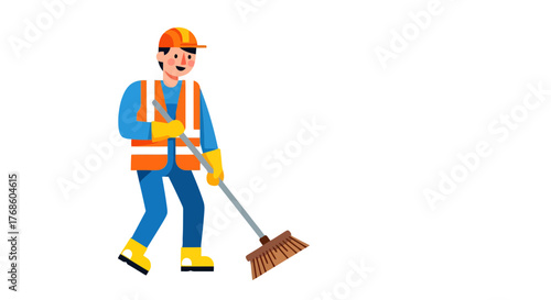 A Construction Worker Cleaning and Sweeping a Surface With Safety Gear and Equipment