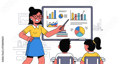 A Teacher Presenting Statistical Data to Students in Vibrant Flat-design Style