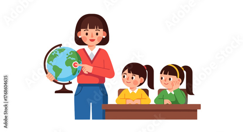 A Teacher Showing The World Globe To Students During A Geography Lesson For Education
