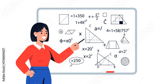 A Teacher Teaching Mathematics On A Whiteboard With Geometric Formulas And Equations