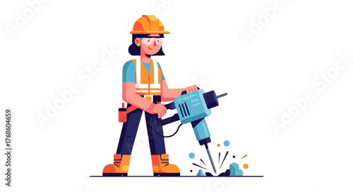 A Construction Worker Using A Jackhammer On Dark Background In Vector Illustration