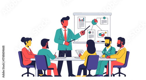 A Team Discussing A Business Presentation, Projecting Data On A Whiteboard