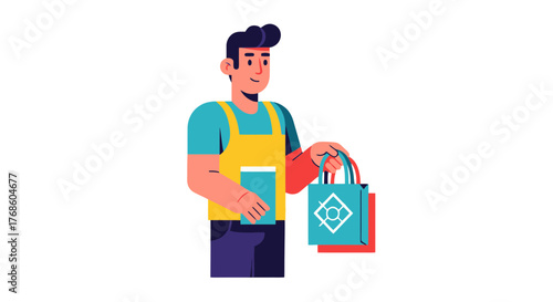 A Courier Appears with a Pair of Shopping Bags Under a Black Background Composition