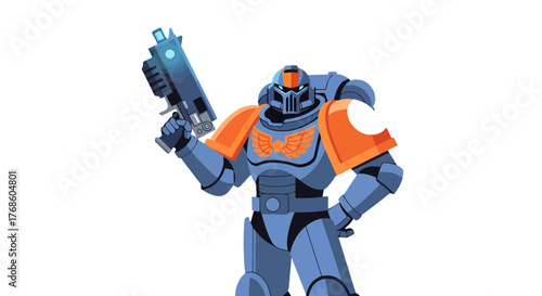 A Futuristic Warrior Holding a Weapon Standing Prepared for Combat Against Shadows