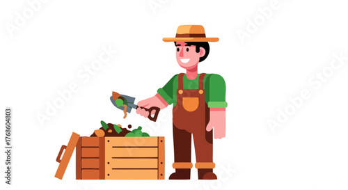 A Garden Worker Manually Composting Soil In A Wooden Box Against A Black Background