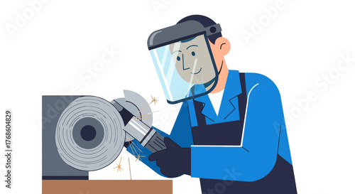 A Grinding Process Depicted With A Welder, Showing Safety Precautions And Attention To Detail