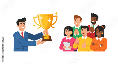 Achievement Celebration With Trophy and Team Appreciation Of Their Success