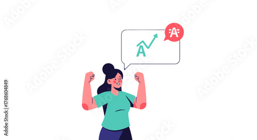 Achievement Illustration, Illustrated Woman Celebrating Finances and Success With Upward Trends