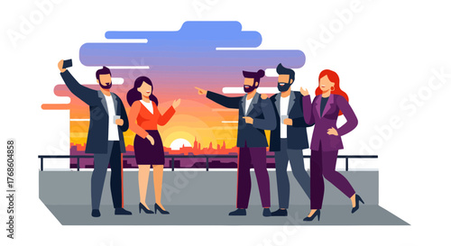 A Modern Vector Illustration Depicting a Group Observing the Sunset Together