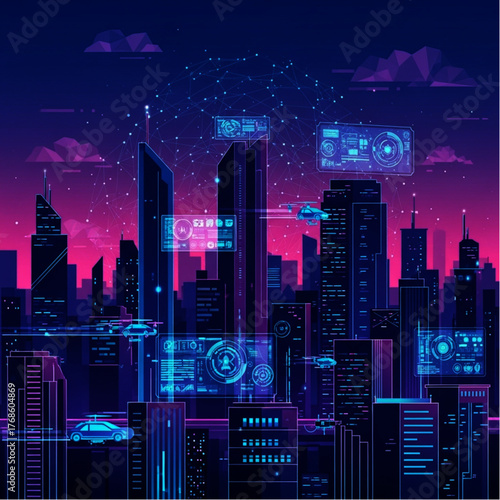 ai generative Futuristic city skyline with connected smart devices, wireless signal icons, and glowing data links.