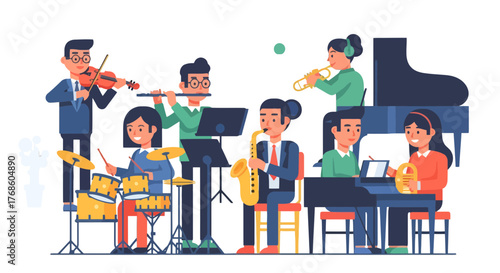 A Musical Ensemble Performing Harmonious Melodies with Various Instruments on a Stage