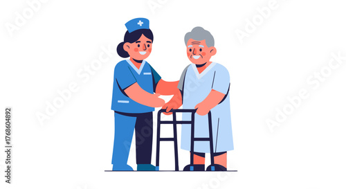 A Nurse Assists an Elderly Patient Using a Walker for Mobility and Support