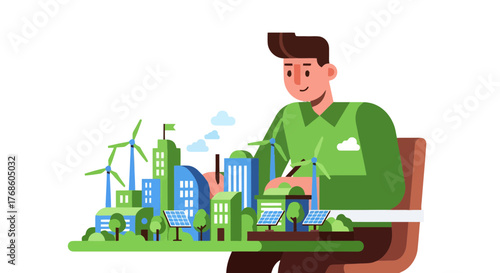 A Person Conceptualizing A Green, Sustainable Cityscape, Illustrating Eco-Friendly Living