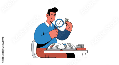 A Person Examining a Small Object with Magnifying Glass at Desk Studying Research