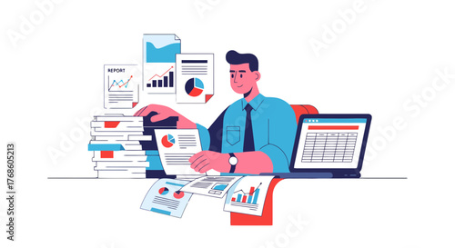 Analyst Working Overtime Examining Financial Reports and Data Charts for Business Insights