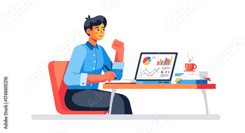 Analyst Working With Data And Charts On Laptop Achieving Successful Results Quickly