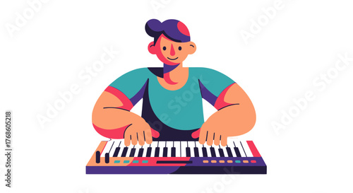 A Person Playing a Digital Keyboard Against a Stark Black Background Scene