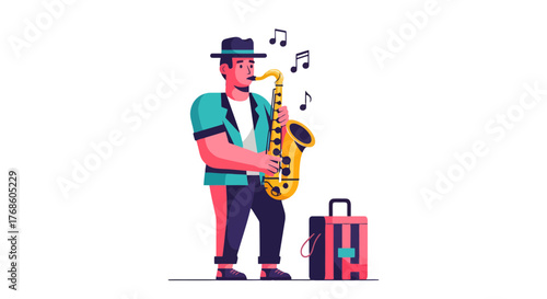 A Person Playing The Saxophone With Musical Notes Background Design Vector