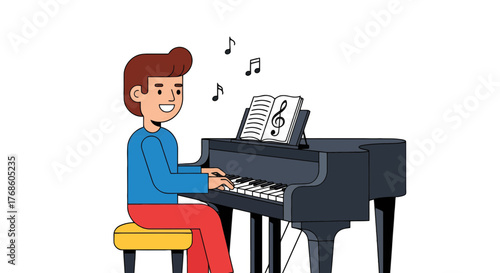 A Person Playing The Piano with Sheet Music, Illustration Artwork Against a Black Backdrop