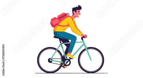 Animated Cyclist With Backpack, Riding Bicycle Against Black Backdrop Background Illustration