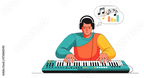 A Person With Headphones Playing the Keyboard in a Simplified Illustrative Style