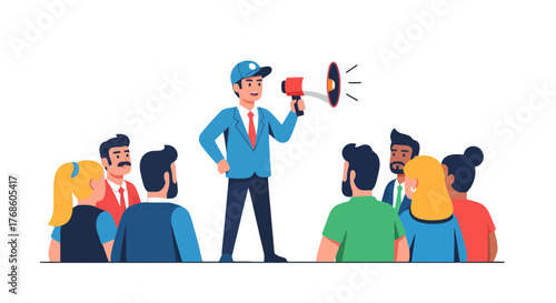 A Person With A Megaphone Addressing To A Group Of People On Black Background